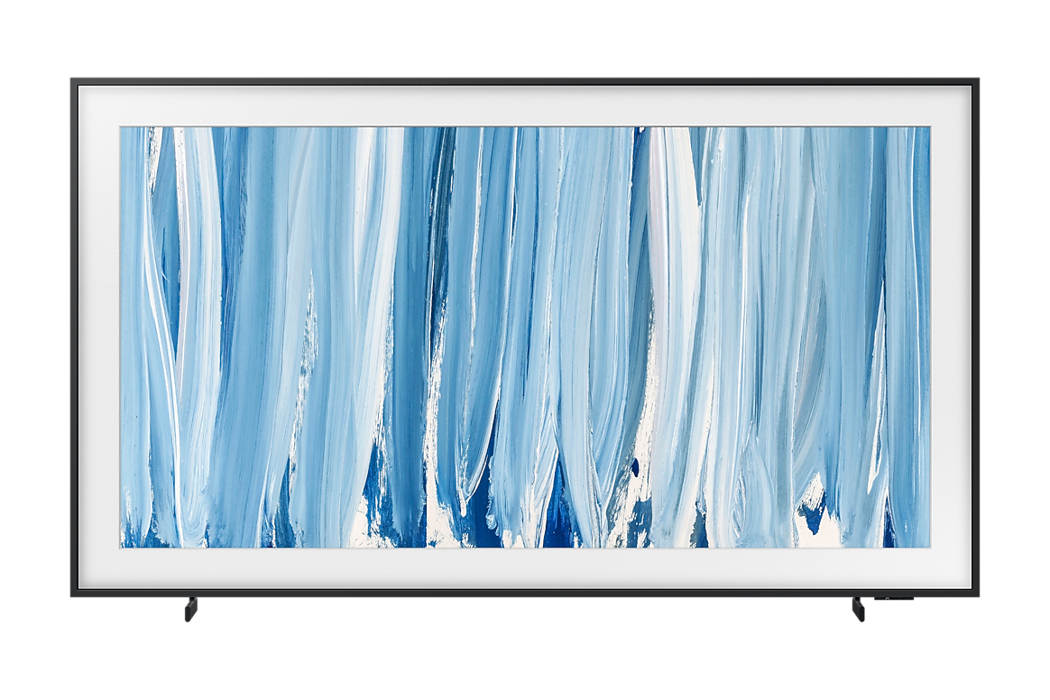 Samsung The Frame Pro LS03HW 4K Smart TV displaying vibrant artwork, wall-mounted with sleek black bezel design.