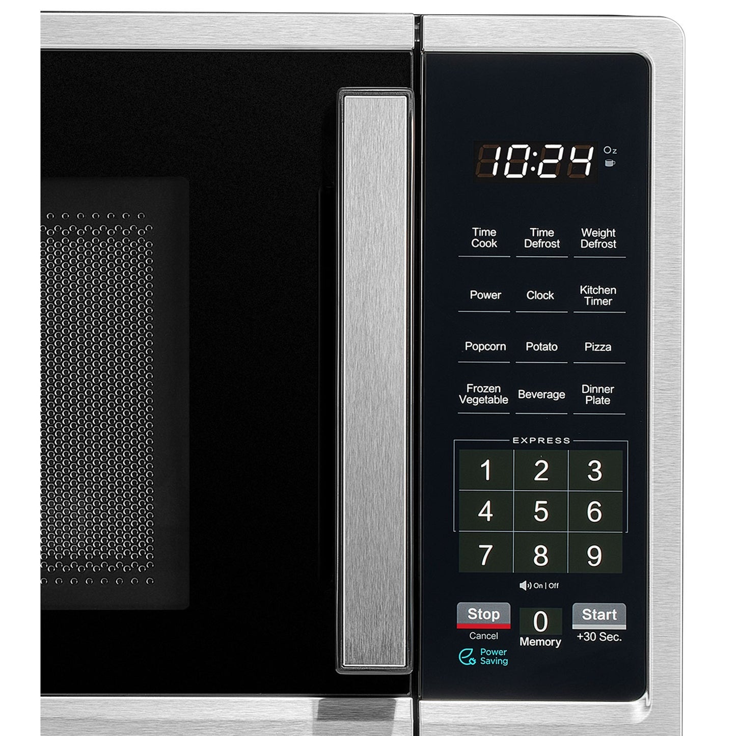 Insignia 0.9 cu. ft. stainless steel compact countertop microwave with digital display and control panel.