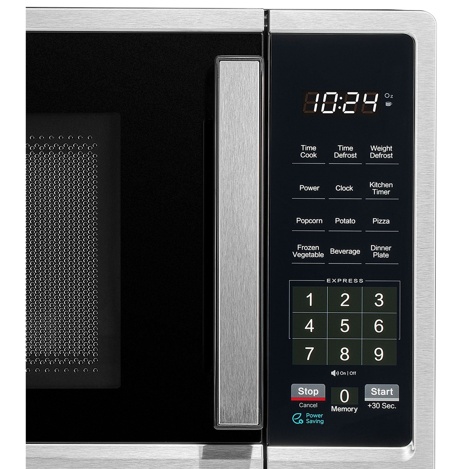 Insignia 0.9 cu. ft. stainless steel compact countertop microwave with digital display and control panel.