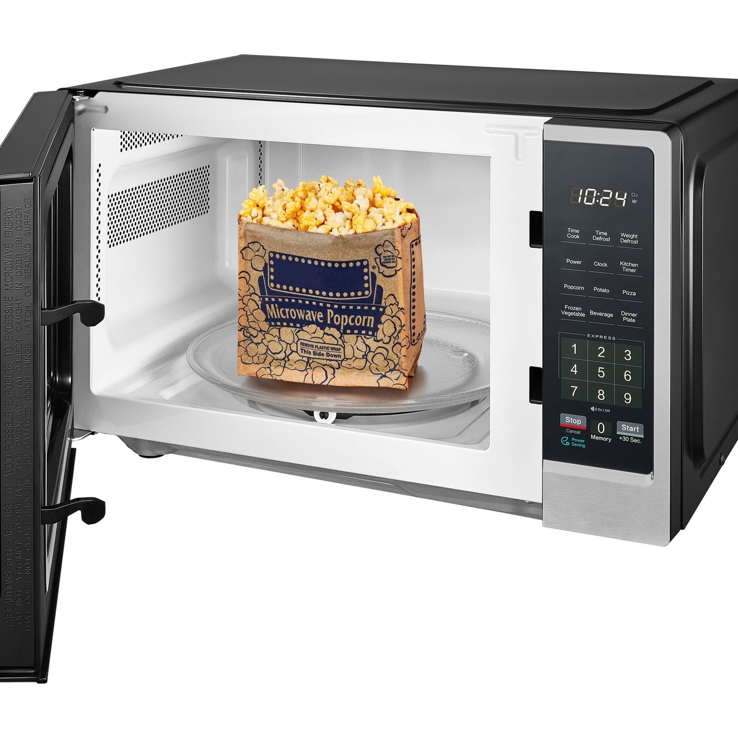 Insignia 0.9 cu ft stainless steel compact countertop microwave with digital display and control panel.