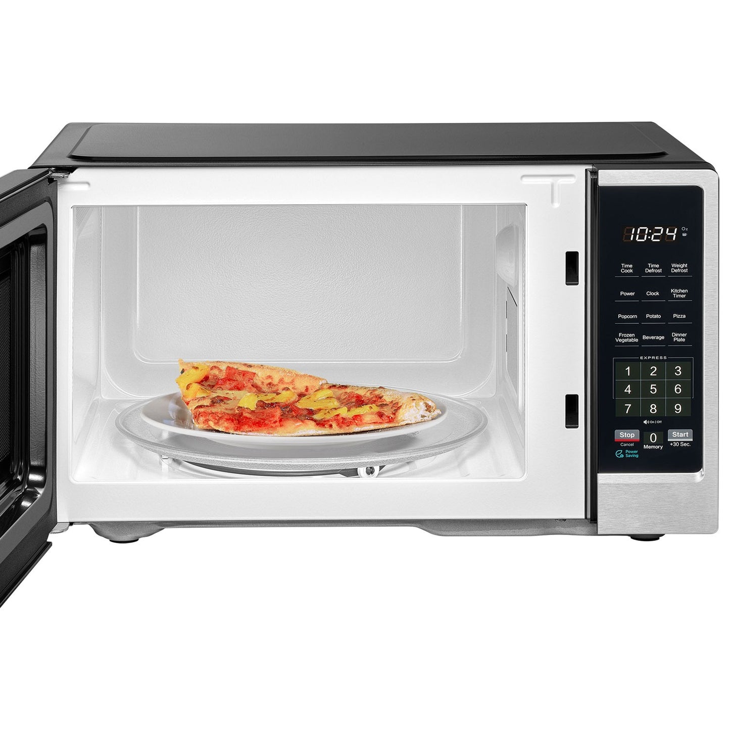 Insignia 0.9 cu ft stainless steel compact countertop microwave with digital control panel and turntable.
