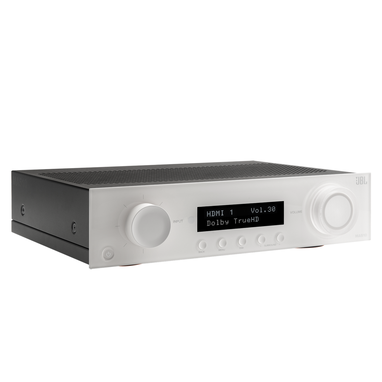 JBL MA510 5.2-channel AV receiver with sleek black design, multiple HDMI ports, and 8K video support for home theater setup.