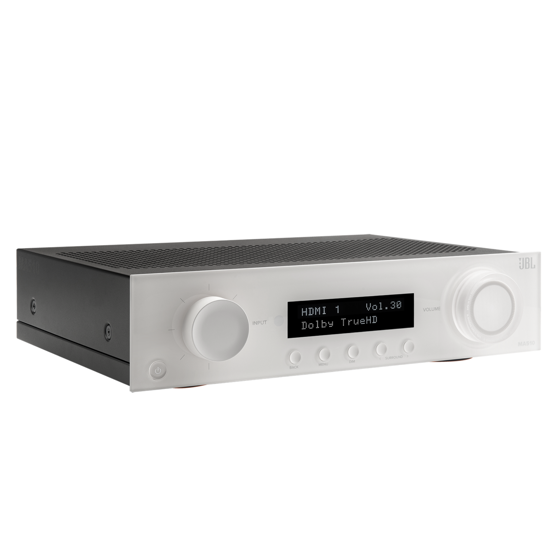 JBL MA510 5.2-channel AV receiver with sleek black design, multiple HDMI ports, and 8K video support for home theater setup.