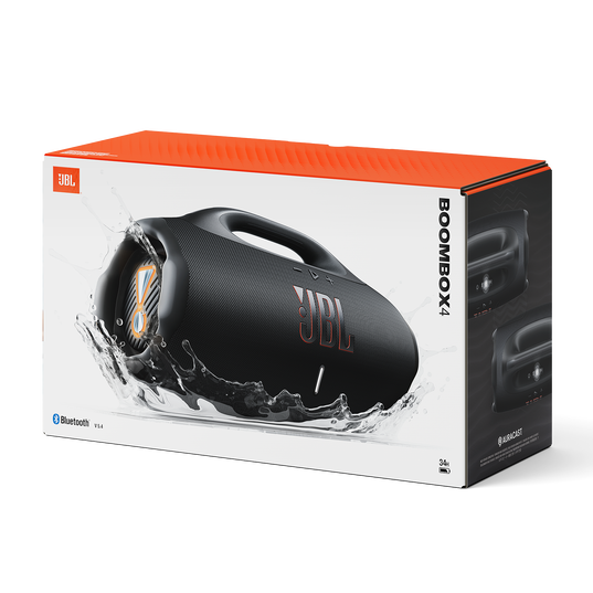 Black JBL Boombox 4 portable Bluetooth speaker with large grille, control buttons on top, and rugged design.