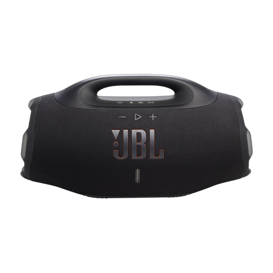 Black JBL Boombox 4 open-box portable Bluetooth speaker with sturdy handle and large speaker grille, perfect for outdoor music.