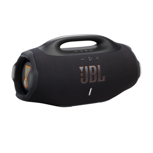 Black JBL Boombox 4 portable Bluetooth speaker with rugged design and large handle, shown in open box condition.