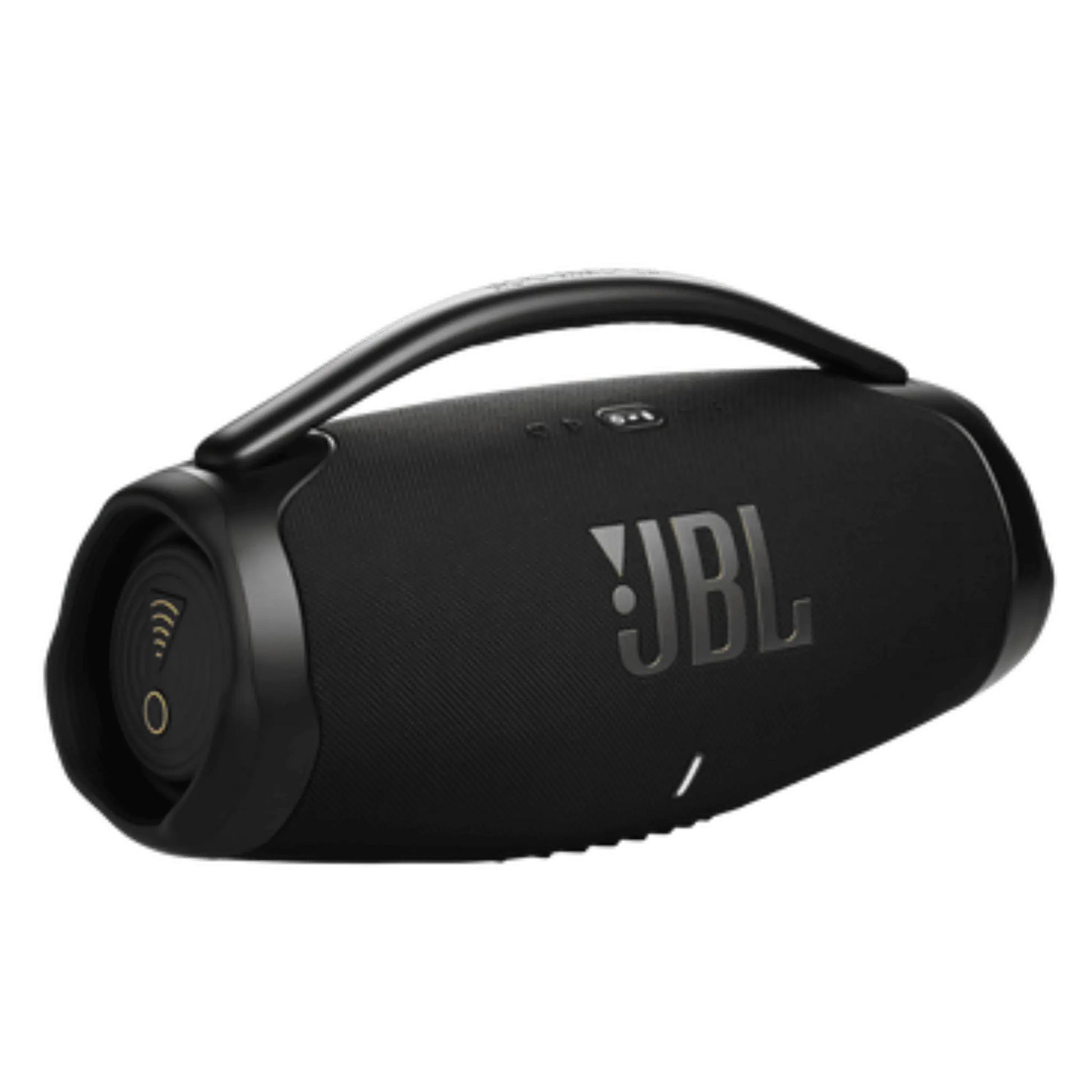 Black JBL Boombox 3 portable speaker with rugged design and large handle, ideal for outdoor music playback.