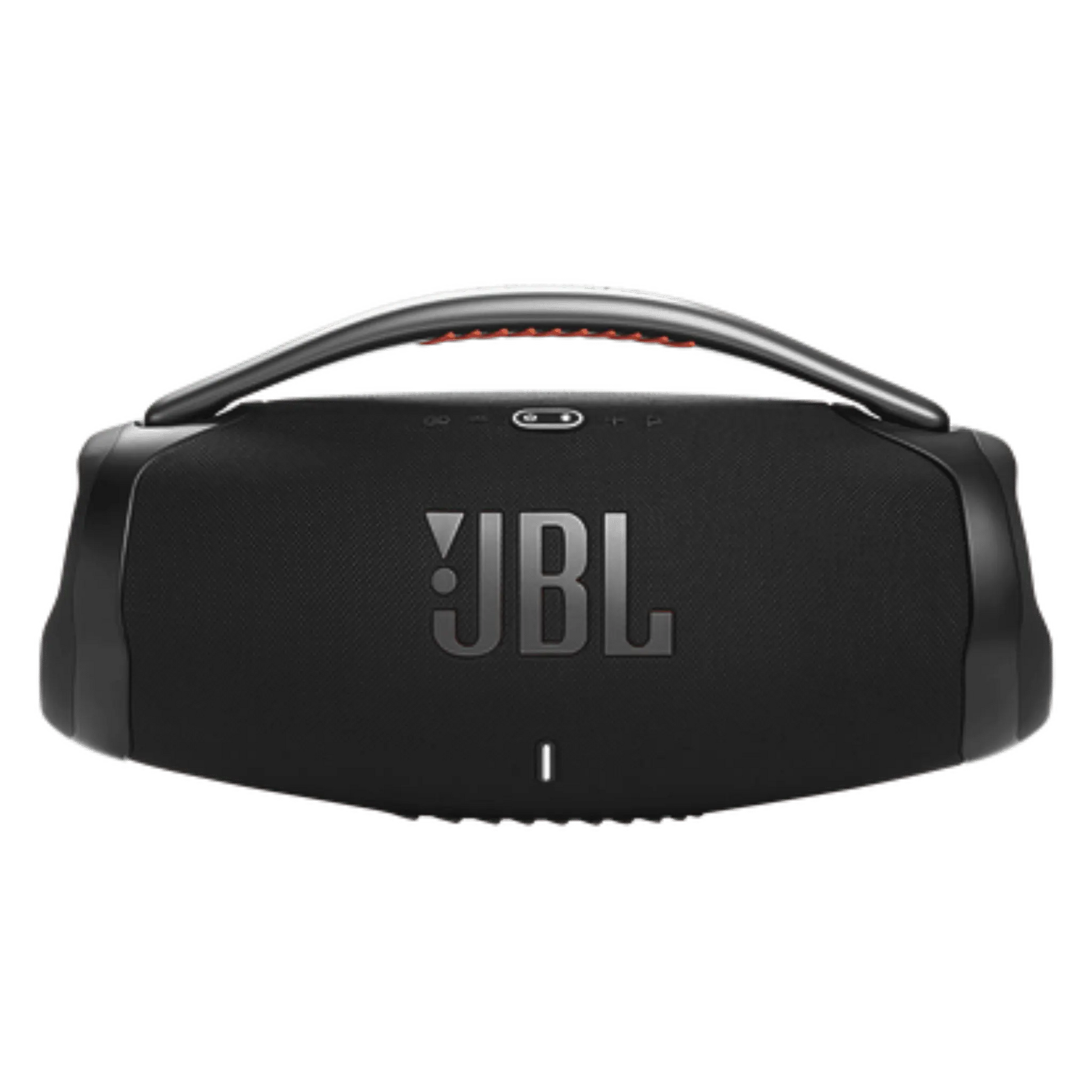 Black JBL Boombox 3 wireless waterproof speaker with Wi-Fi and Bluetooth connectivity, open box, showing rugged design.