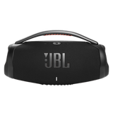 Black JBL Boombox 3 wireless waterproof speaker with Wi-Fi and Bluetooth connectivity, open box, showing rugged design.