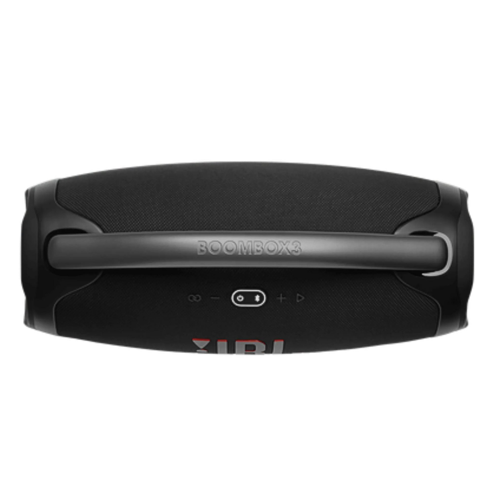 JBL Boombox 3 waterproof wireless Bluetooth speaker in black, open box, showing rugged design and control buttons.