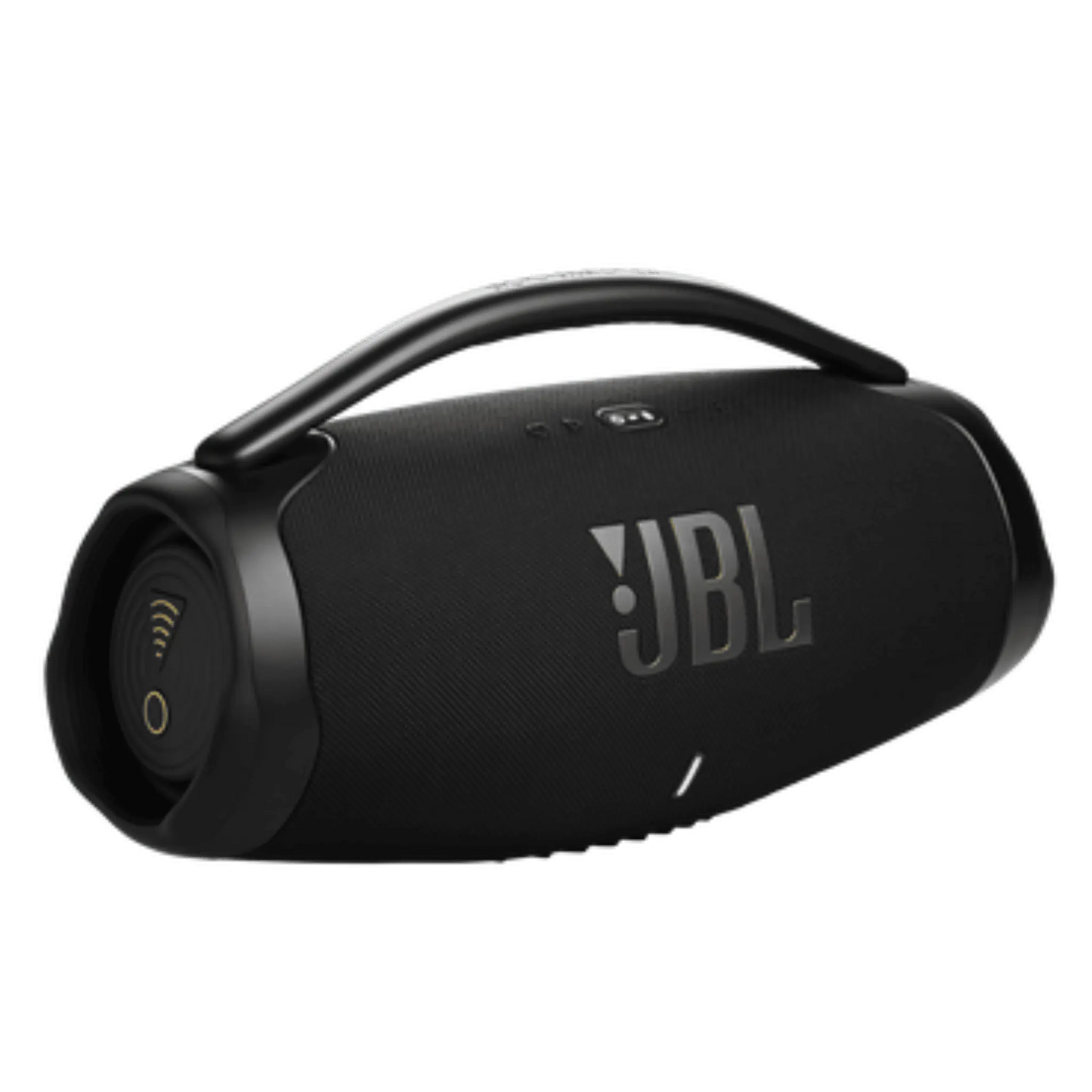 JBL Boombox 3 waterproof wireless Bluetooth speaker in black, open box, showing its rugged design and control buttons