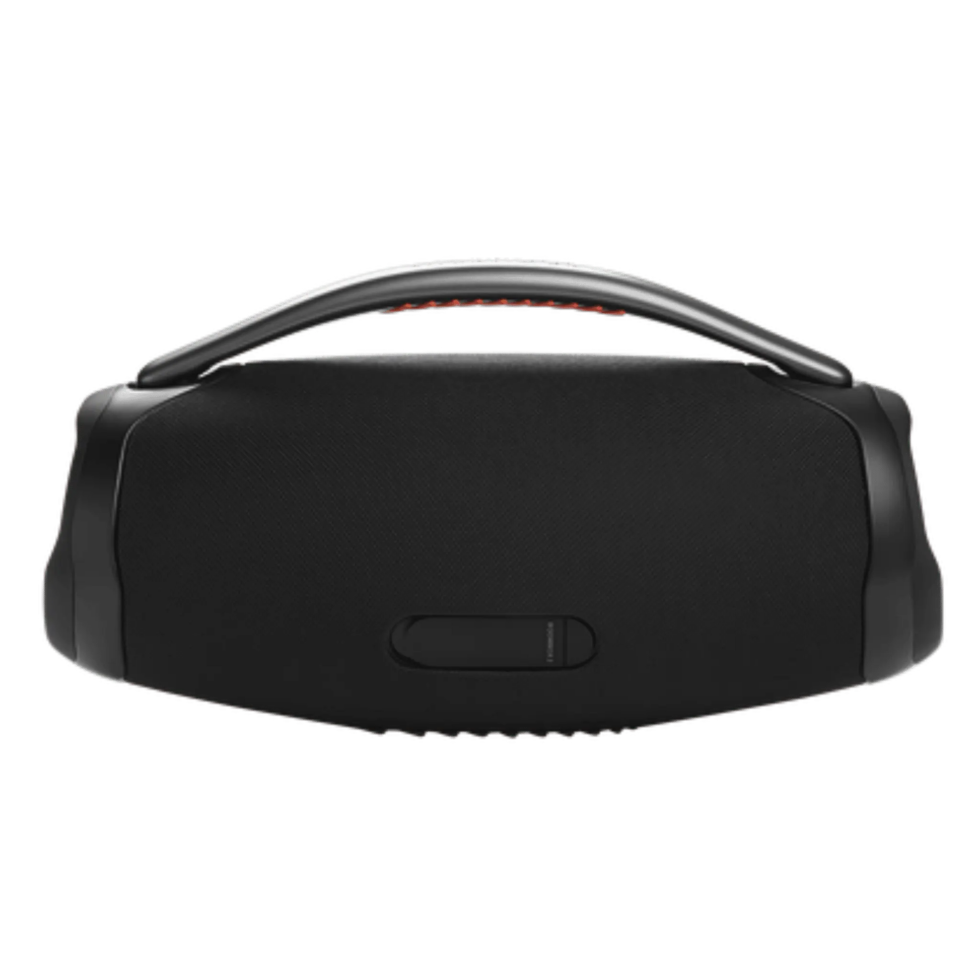 JBL Boombox 3 waterproof wireless Bluetooth speaker in black, open box, showing its rugged design and control buttons.