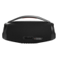 Black JBL Boombox 3 wireless speaker with Wi-Fi and Bluetooth, waterproof, open box, showing its rugged design and control buttons.