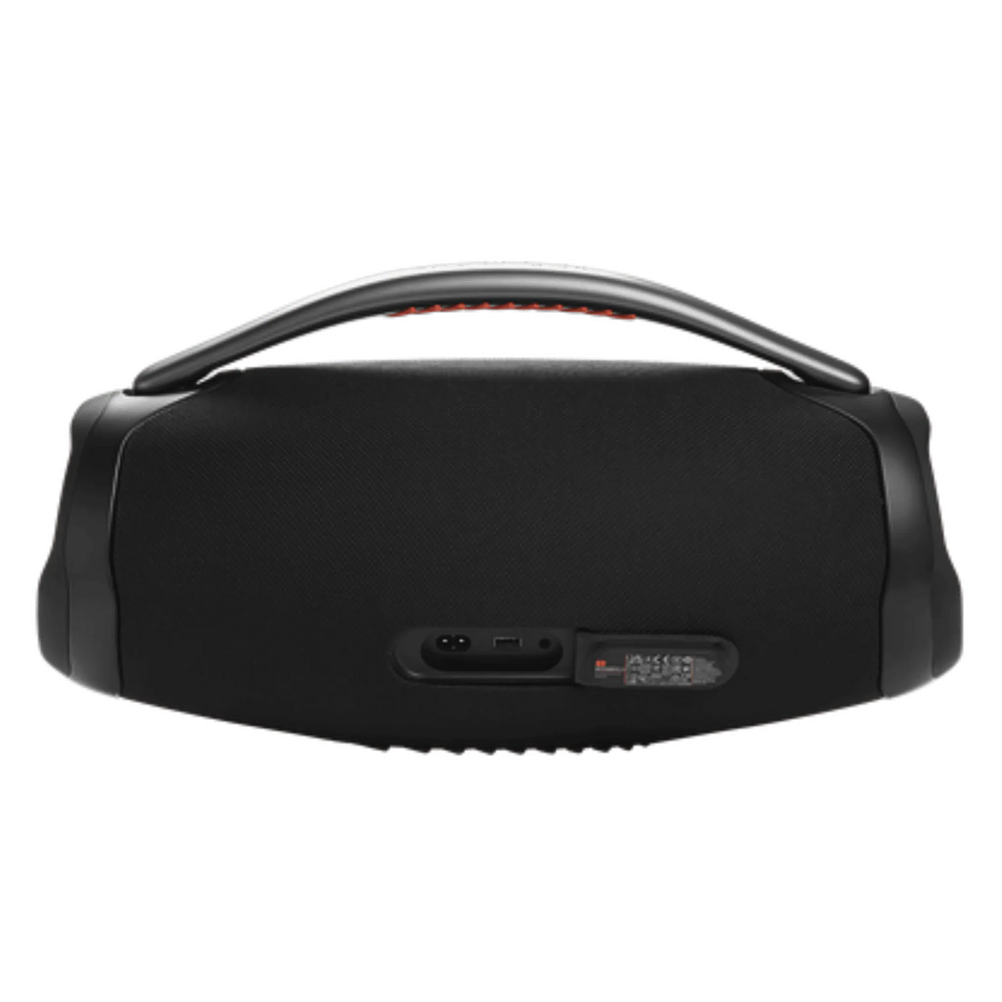 Black JBL Boombox 3 wireless speaker with Wi-Fi and Bluetooth, waterproof, open box, showing its rugged design and control buttons.