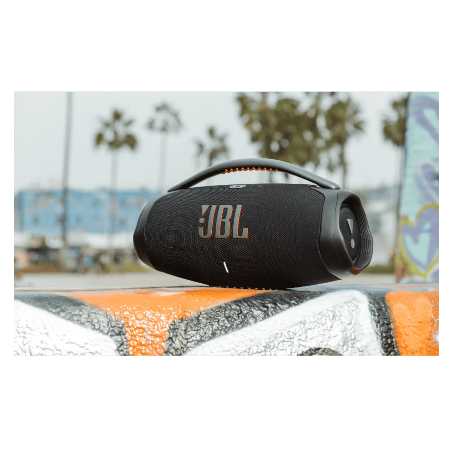 JBL Boombox 3 waterproof wireless Bluetooth speaker in black, open box, showing its rugged design and control buttons.