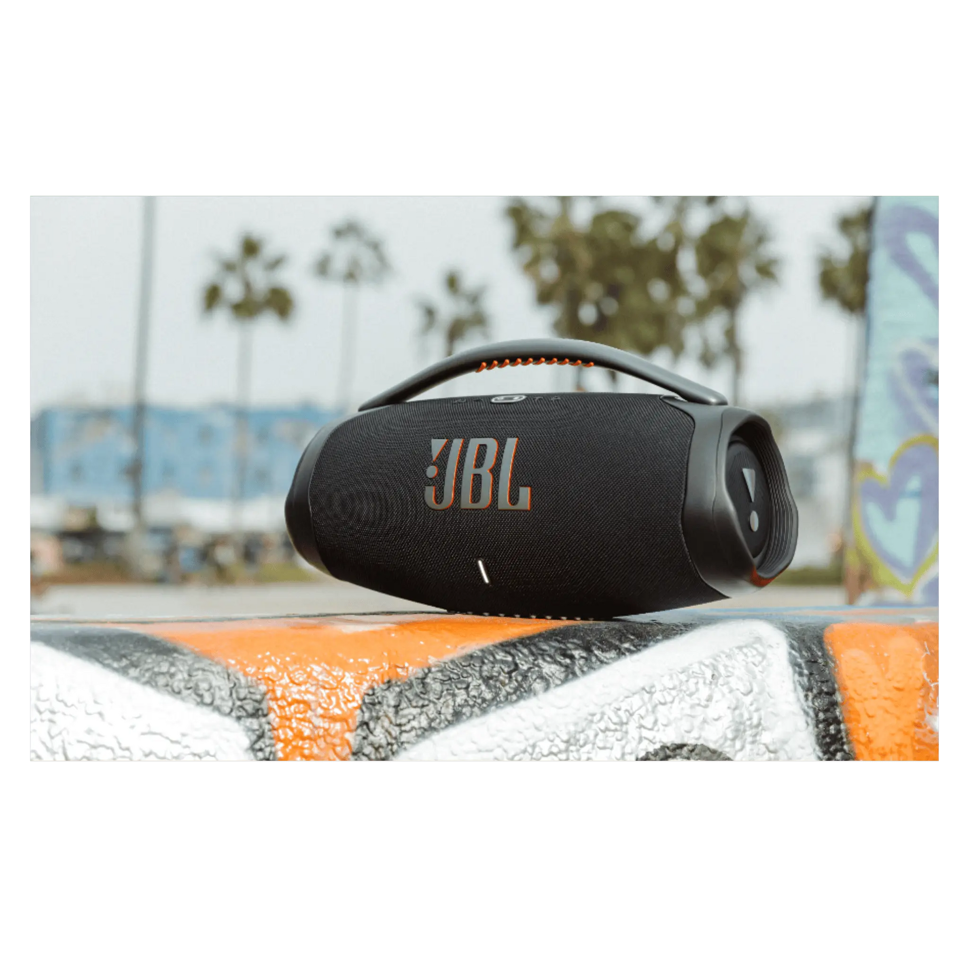 JBL Boombox 3 waterproof wireless Bluetooth speaker in black, open box, showing its rugged design and control buttons.