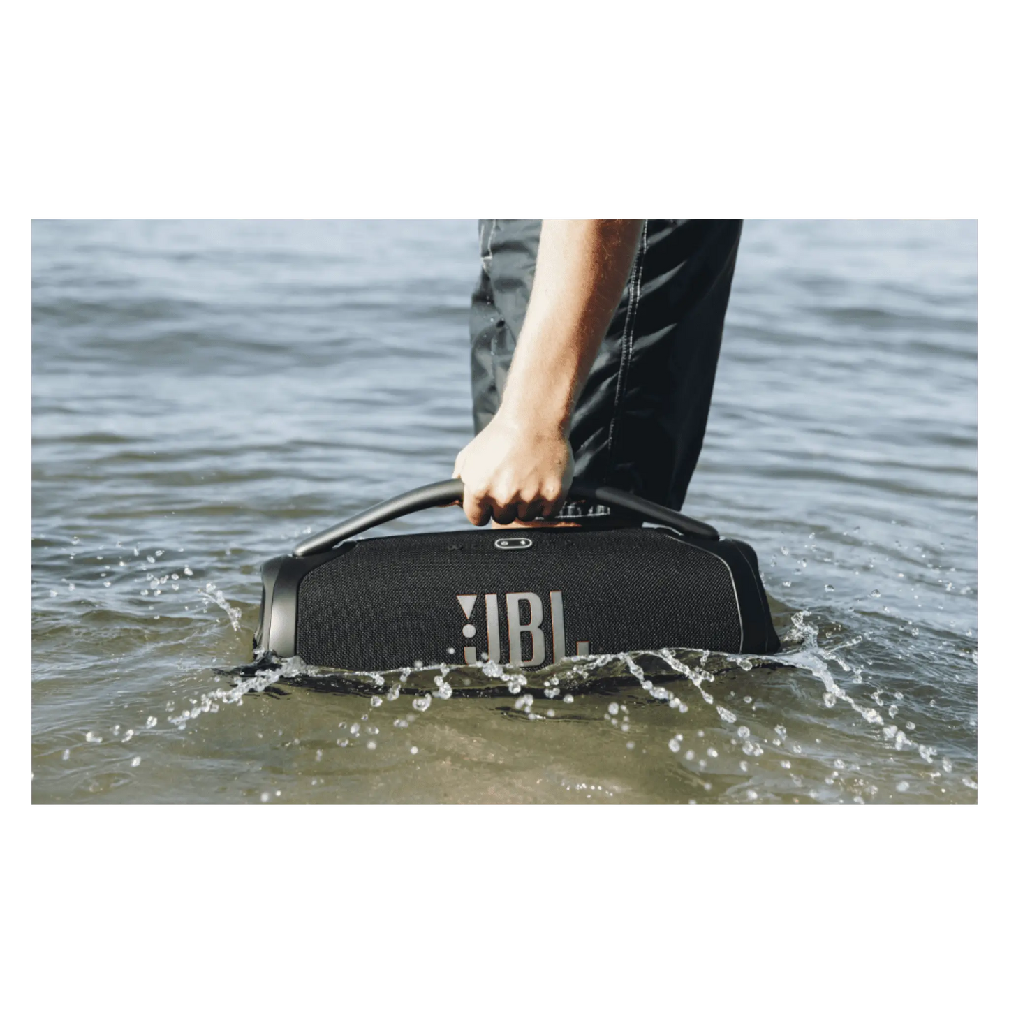 JBL Boombox 3 wireless waterproof Bluetooth speaker in black, open box, showing its rugged design and control buttons.