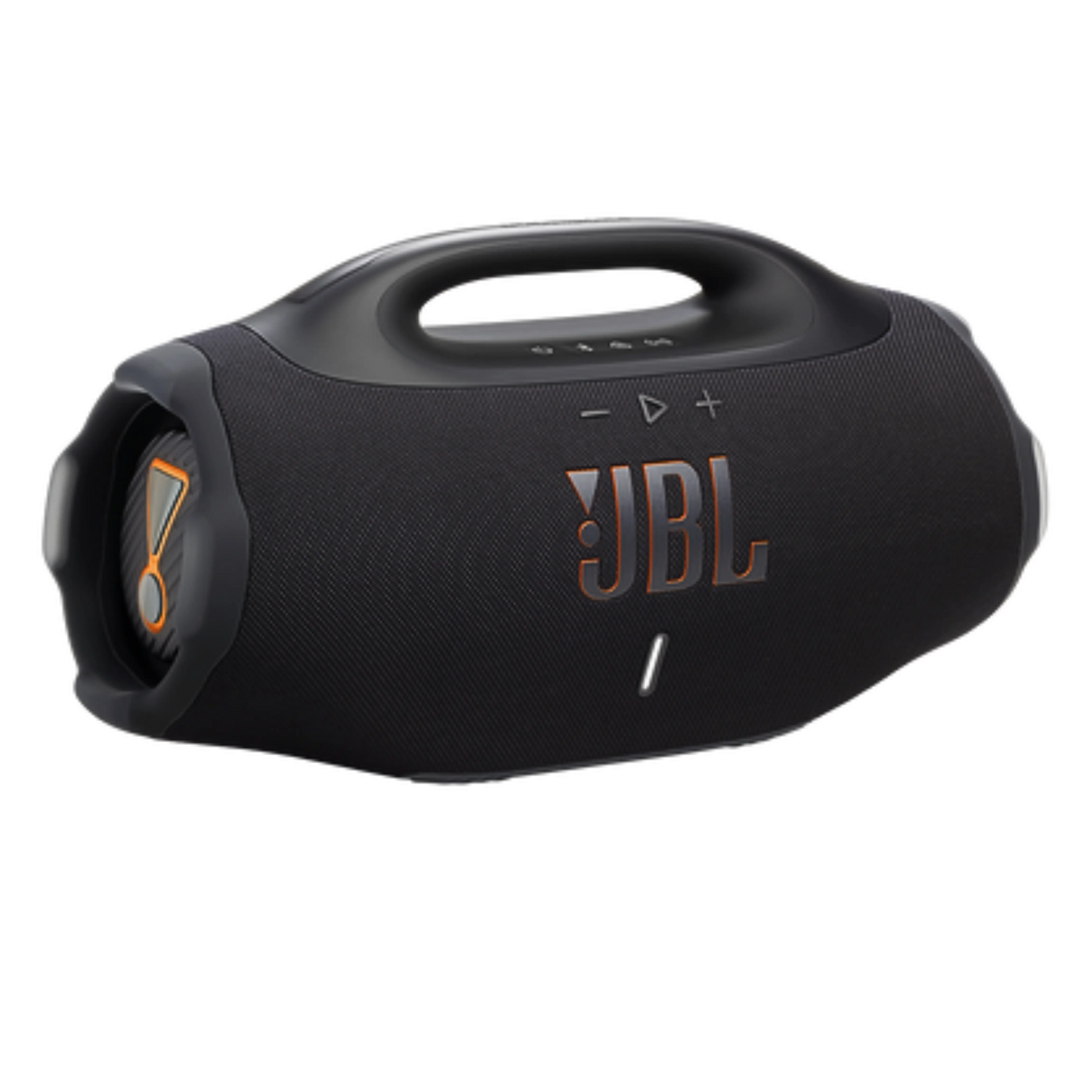 Black JBL Boombox 4 portable speaker with rugged design and large speaker grille, showcasing its durable build and control buttons.