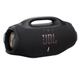 Black JBL Boombox 4 portable speaker with rugged design and large speaker grille, showcasing its durable build and control buttons.