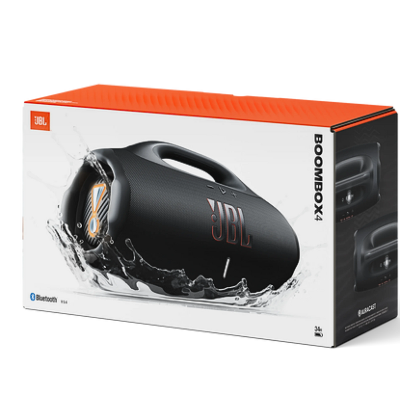 Black JBL Boombox 4 portable speaker shown in a clean, modern design with rugged exterior and control buttons on top.