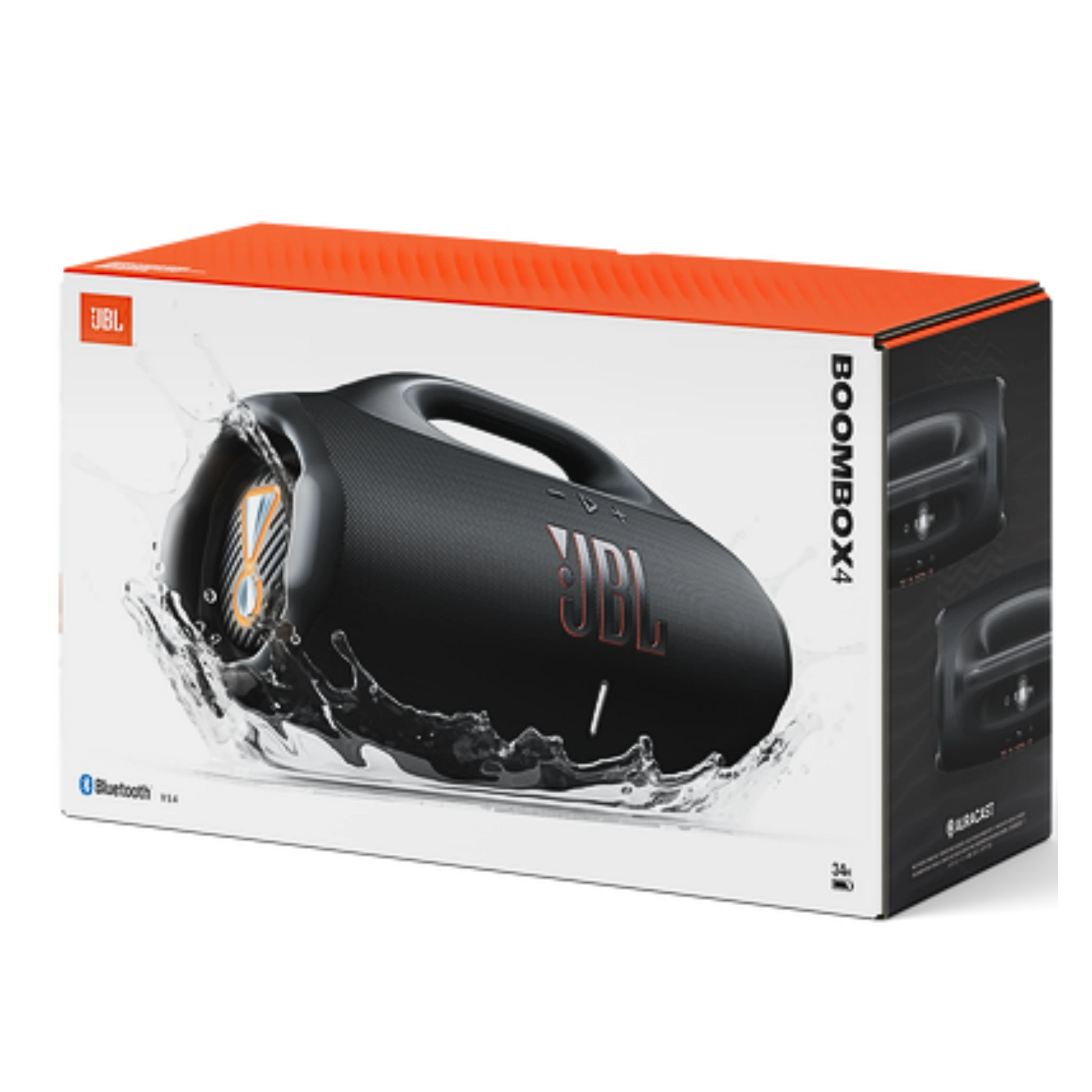 Black JBL Boombox 4 portable speaker shown in a clean, modern design with rugged exterior and control buttons on top.