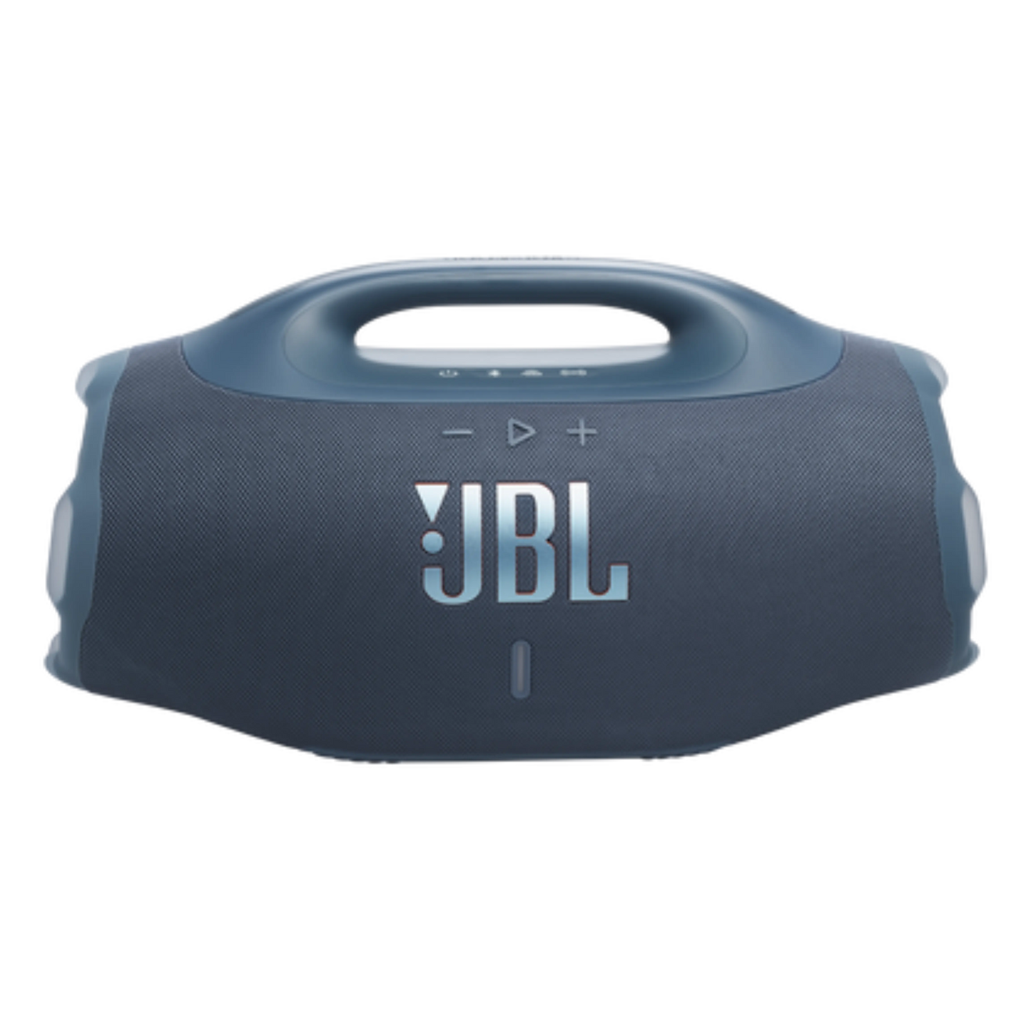 JBL Boombox 4 portable Bluetooth speaker in vibrant blue, showcasing its rugged design and control buttons.