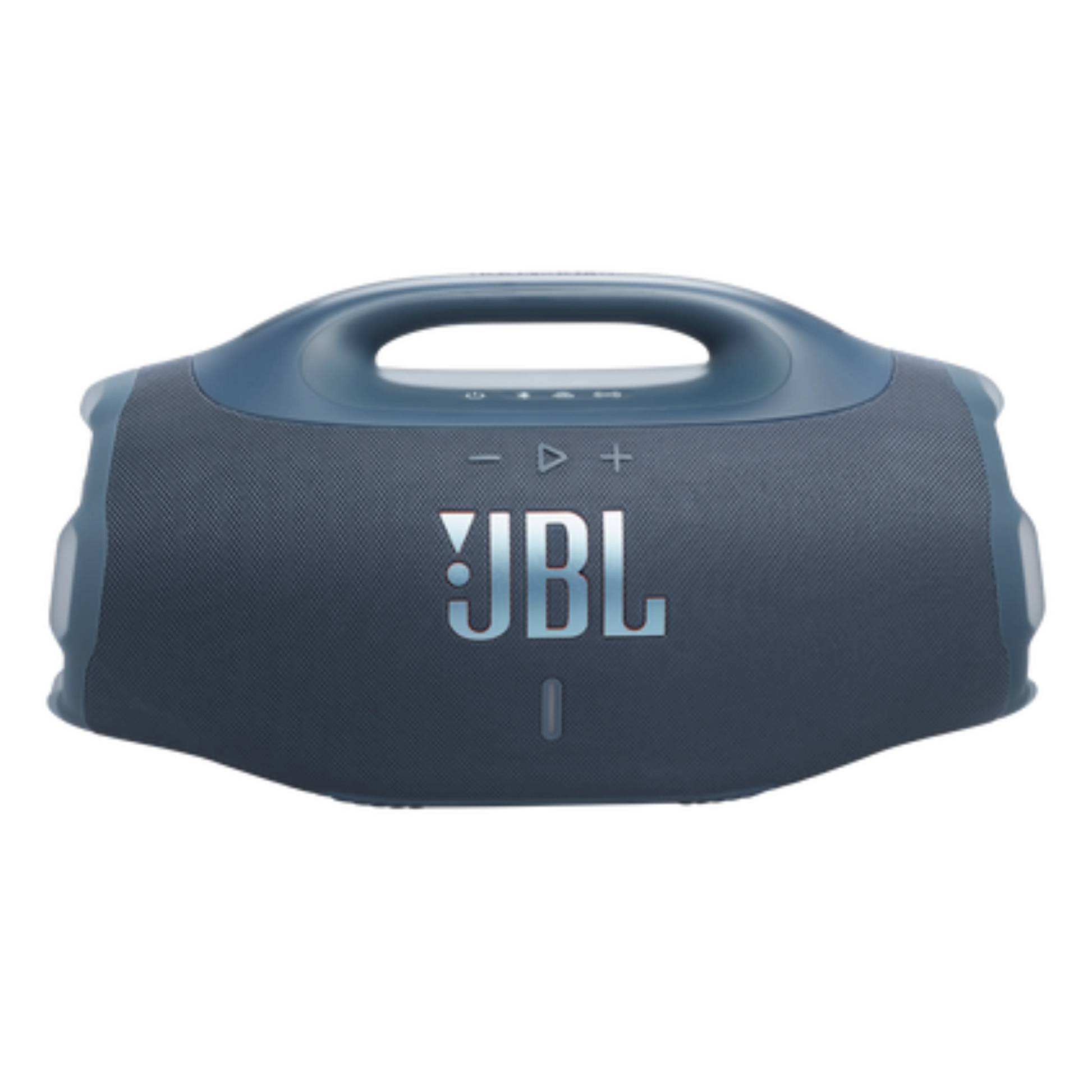 JBL Boombox 4 portable Bluetooth speaker in vibrant blue, showcasing its rugged design and control buttons.