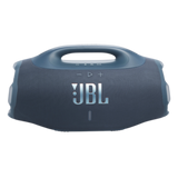 JBL Boombox 4 portable Bluetooth speaker in vibrant blue, showcasing its rugged design and control buttons.