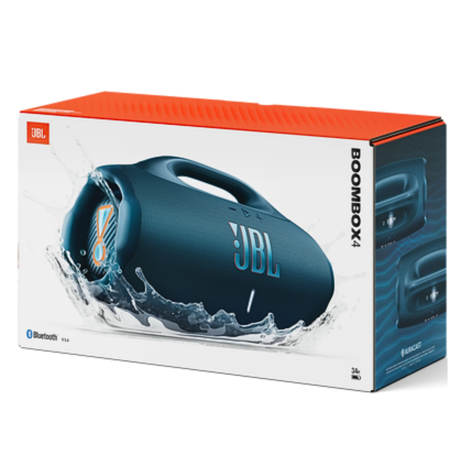 Blue JBL Boombox 4 portable Bluetooth speaker showing its rugged design and control buttons.