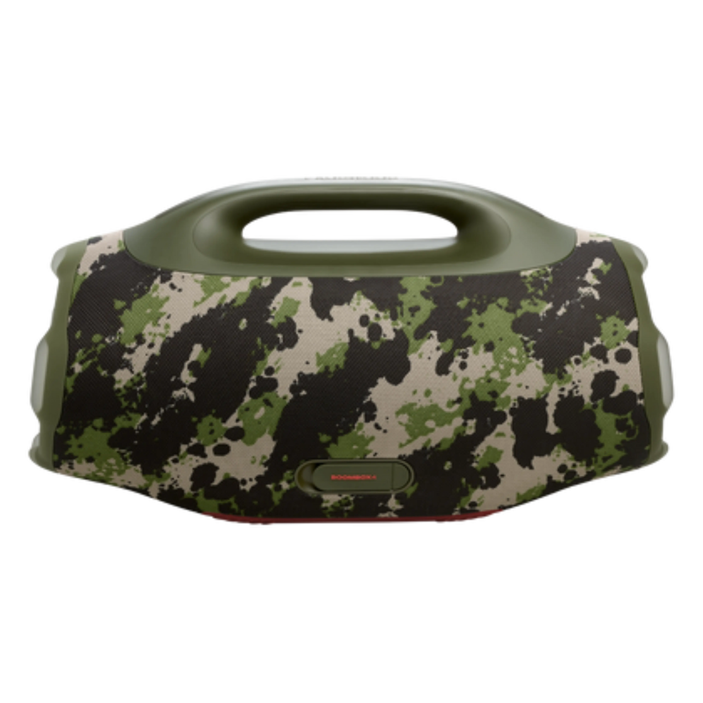 JBL Boombox 4 portable speaker in Squad color, showing its rugged design and control buttons for high-quality sound.