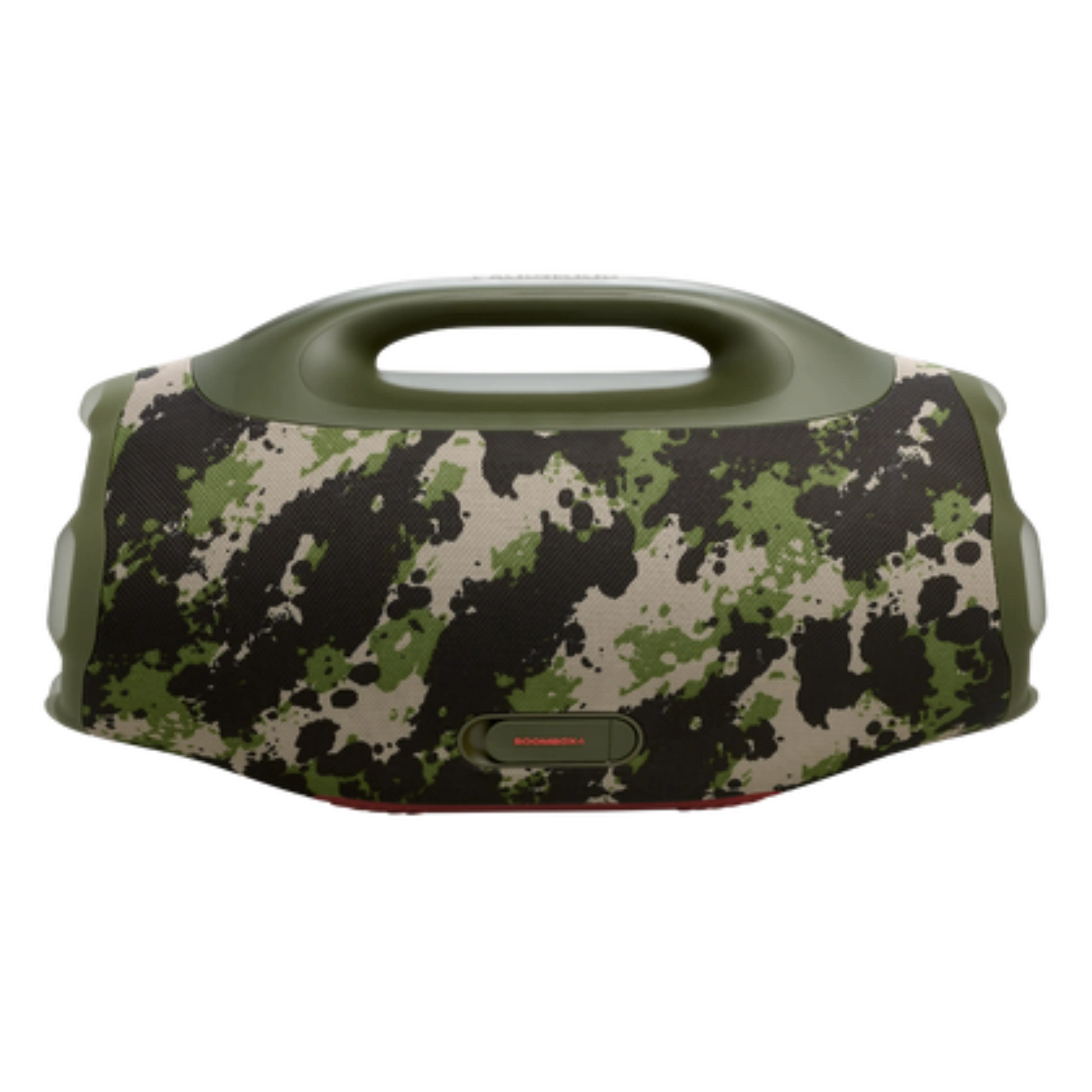 JBL Boombox 4 portable speaker in Squad color, showing its rugged design and control buttons for high-quality sound.