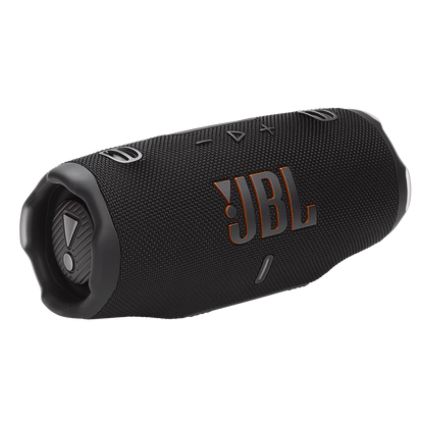 Black JBL Charge 6 portable Bluetooth speaker, open box, showing its rugged design and control buttons on top.