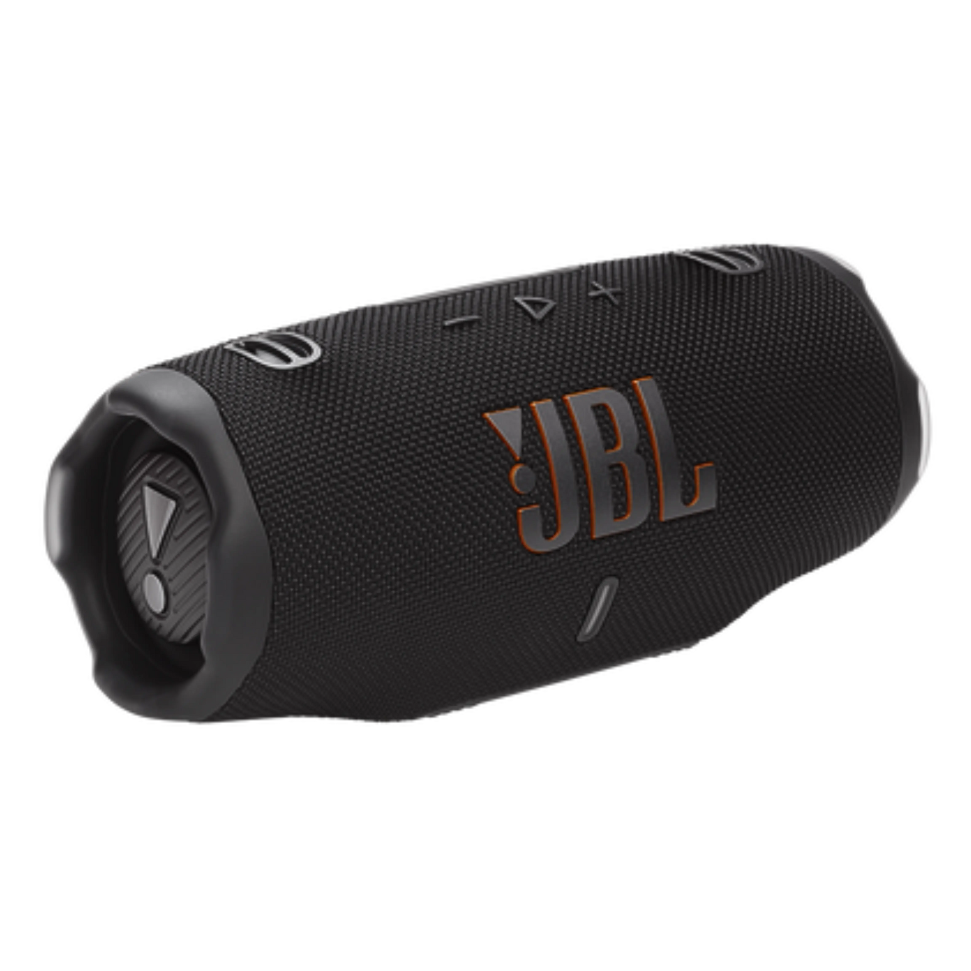 Black JBL Charge 6 portable Bluetooth speaker, open box, showing its rugged design and control buttons on top.