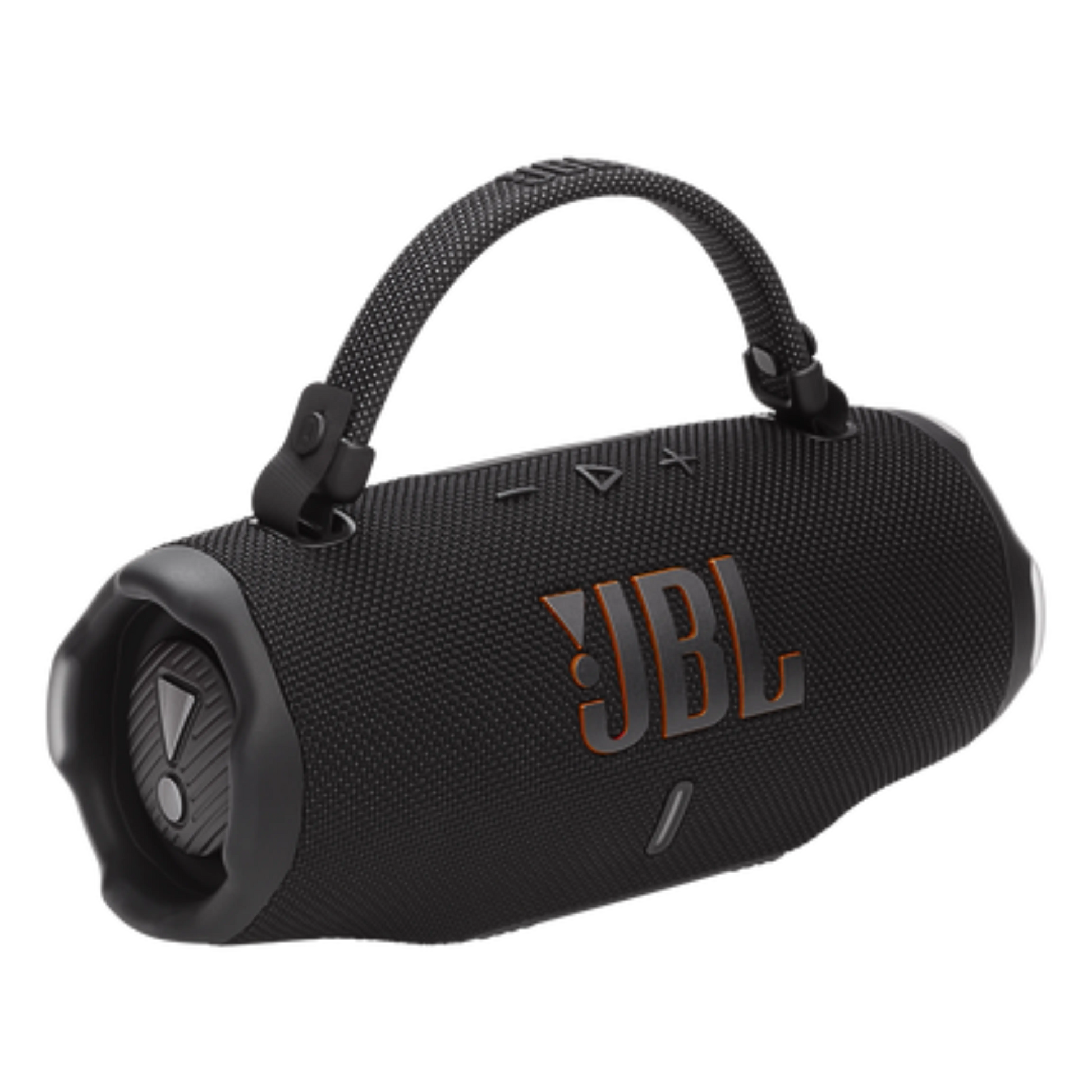 Black JBL Charge 6 portable Bluetooth speaker with open box condition, compact design, and durable build for outdoor use.