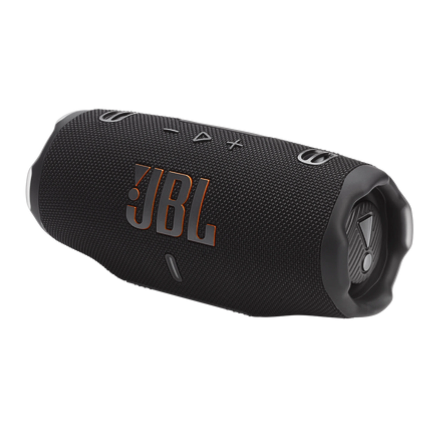 Black JBL Charge 6 portable Bluetooth speaker with open-box condition, showing its rugged design and control buttons.
