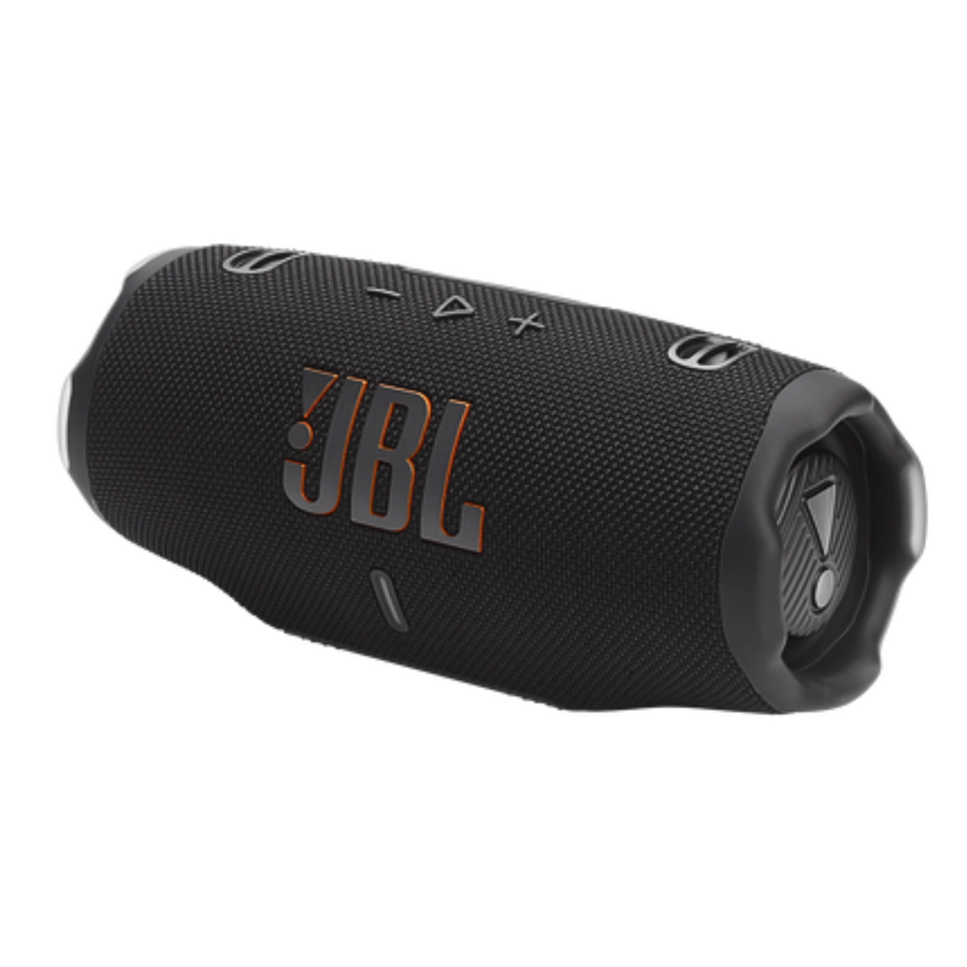 Black JBL Charge 6 portable Bluetooth speaker with open-box condition, showing its rugged design and control buttons.