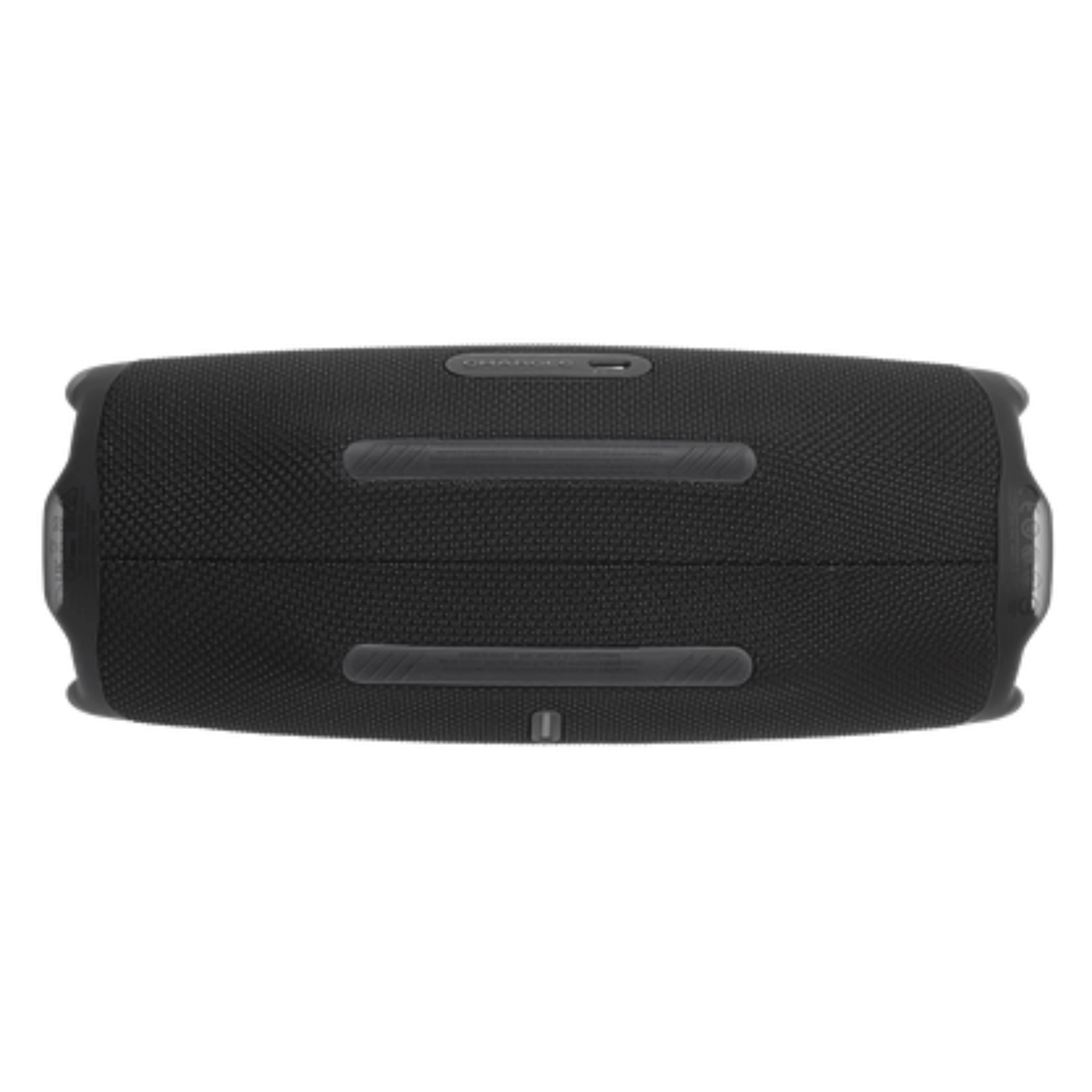 JBL Charge 6 open-box portable Bluetooth speaker in black, showcasing its rugged design and control buttons on the top.