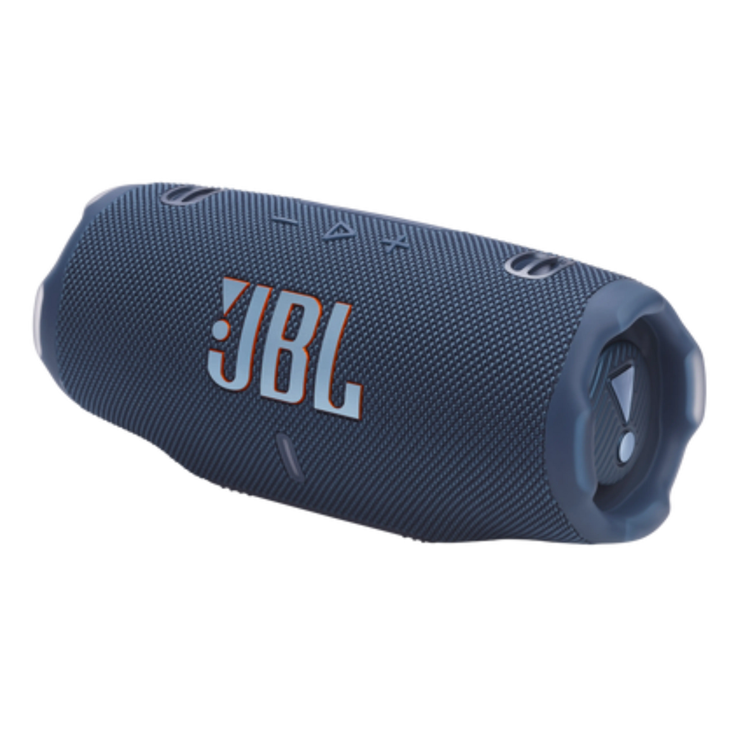 Blue JBL Charge 6 portable speaker, open-box electronics product, showing the compact design and control buttons.