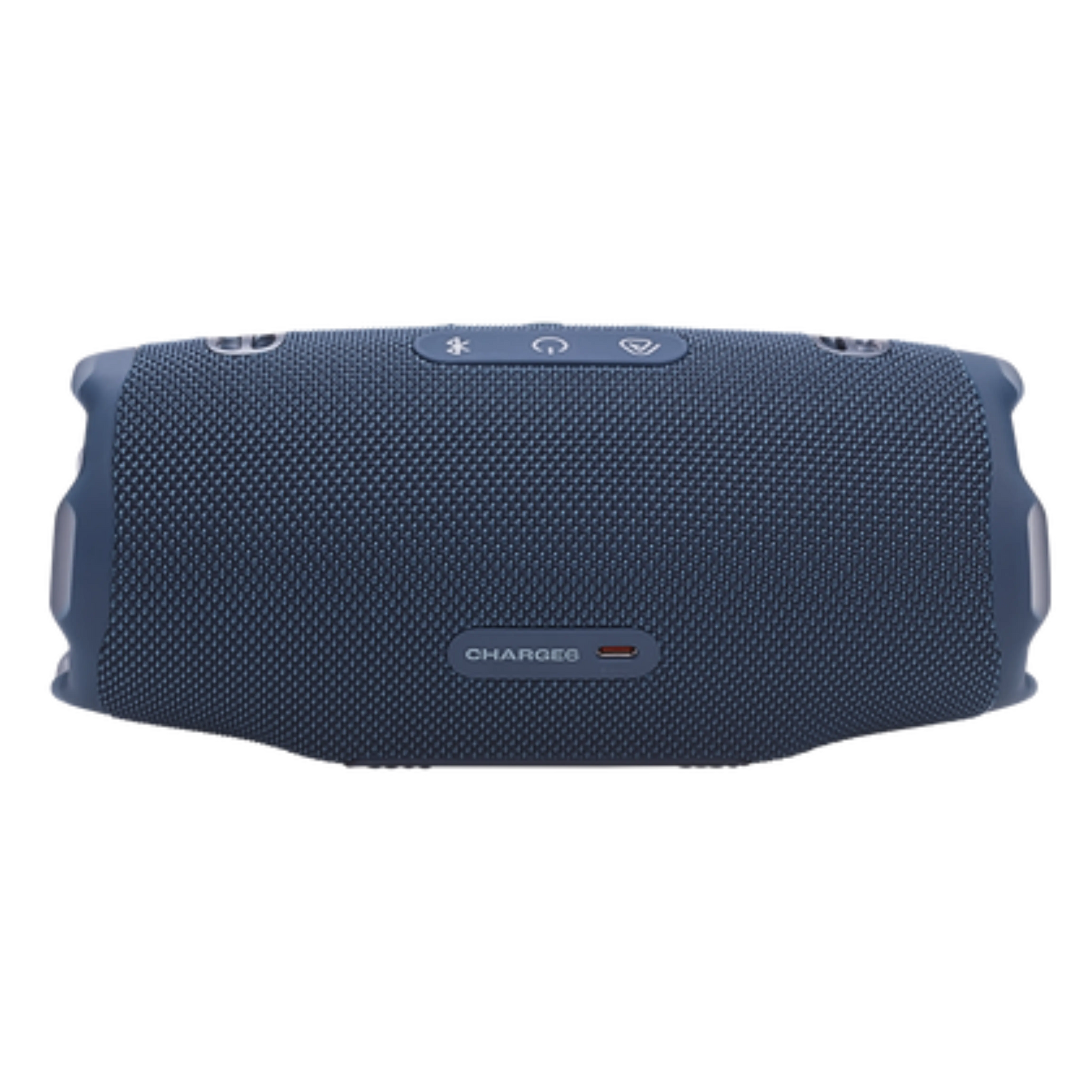 JBL Charge 6 Bluetooth portable speaker in blue, open-box electronics product with textured surface and control buttons visible