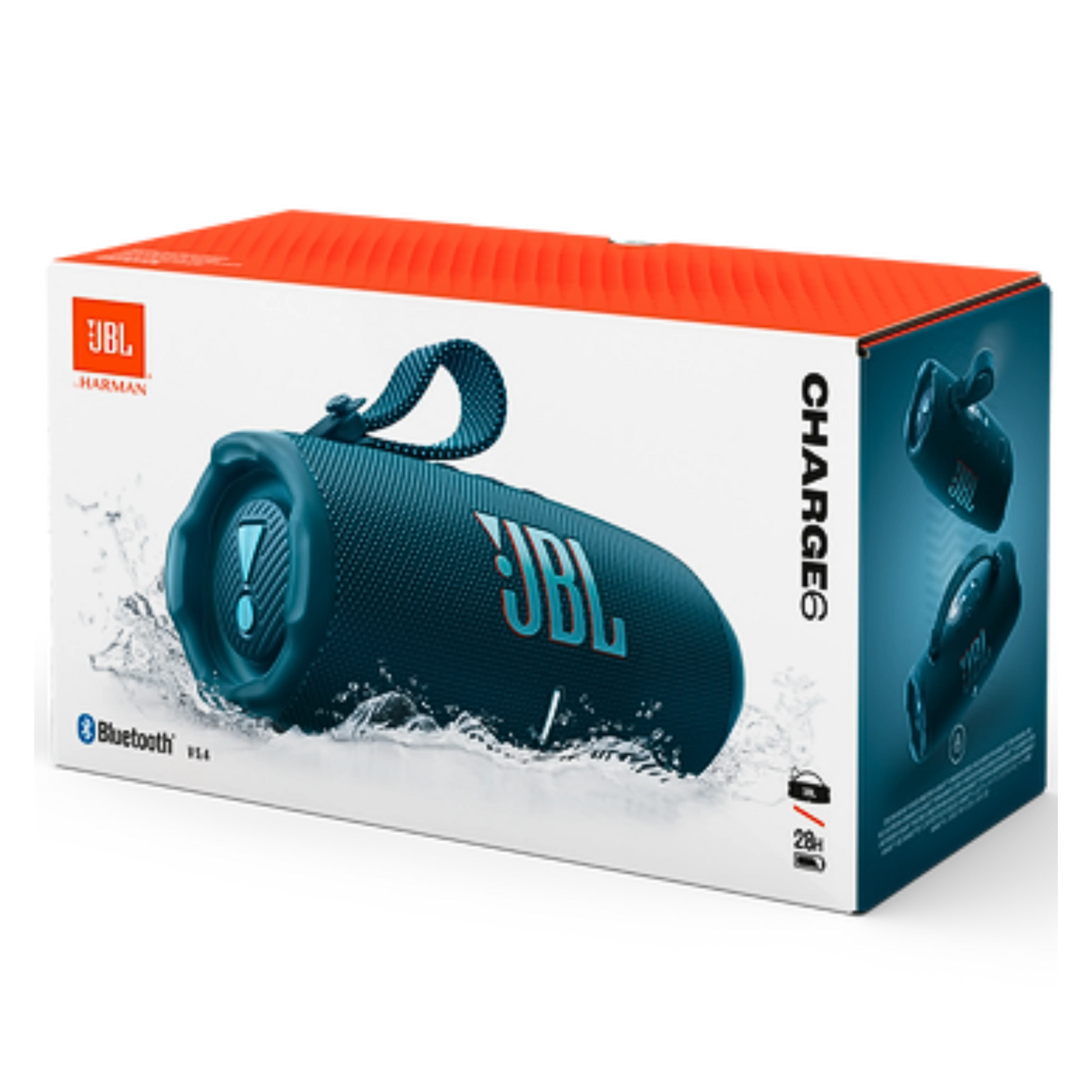 Blue JBL Charge 6 portable Bluetooth speaker, open box, with rugged design and LED indicator lights.