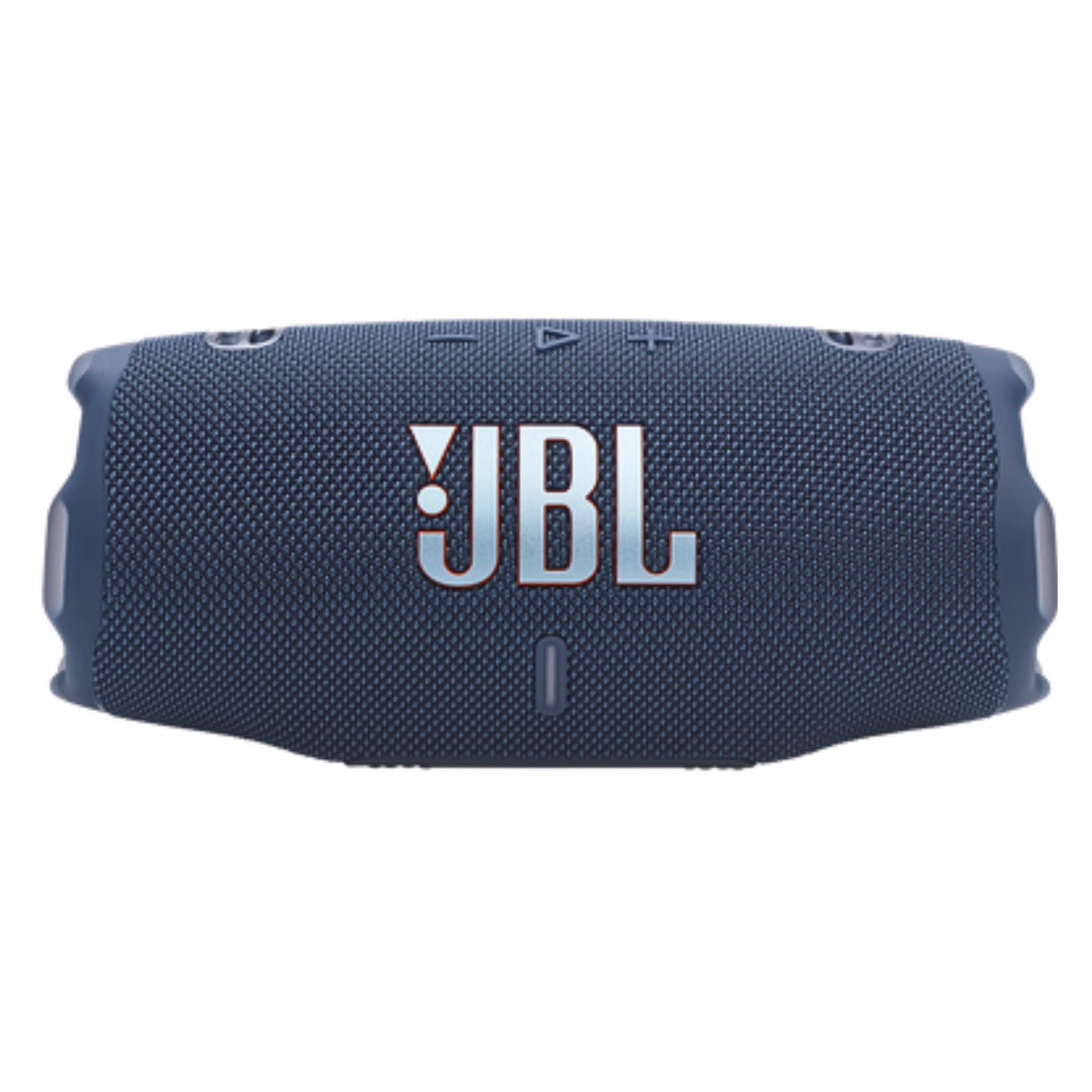 JBL Charge 6 OpenBox portable Bluetooth speaker in blue, showing its rugged design and control buttons.