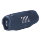 JBL Charge 6 open-box portable Bluetooth speaker in blue, showing the compact cylindrical design and control buttons.