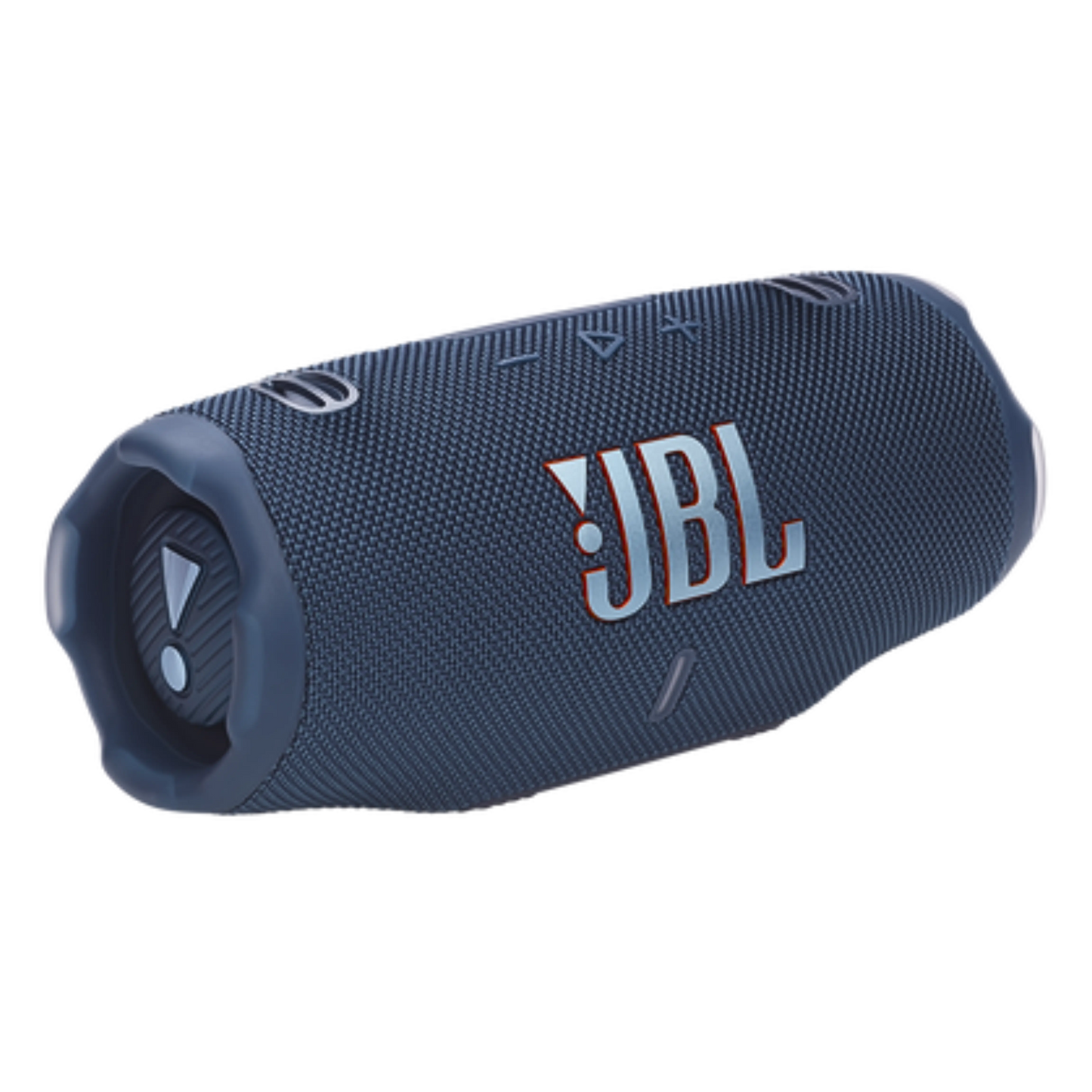 JBL Charge 6 open-box portable Bluetooth speaker in blue, showing the compact cylindrical design and control buttons.
