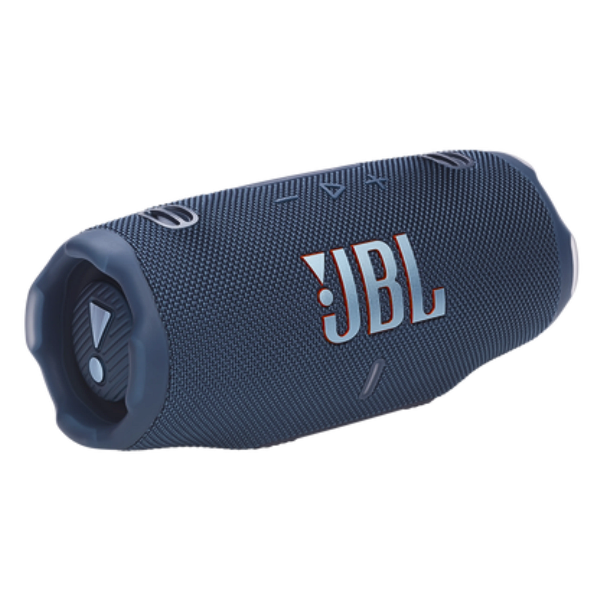 JBL Charge 6 open-box portable Bluetooth speaker in blue, showing the compact cylindrical design and control buttons.