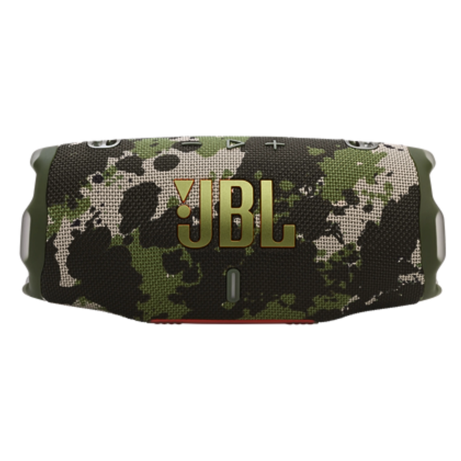 Open-box JBL Charge 6 portable Bluetooth speaker in Squad color, showcasing its compact design and rugged build.