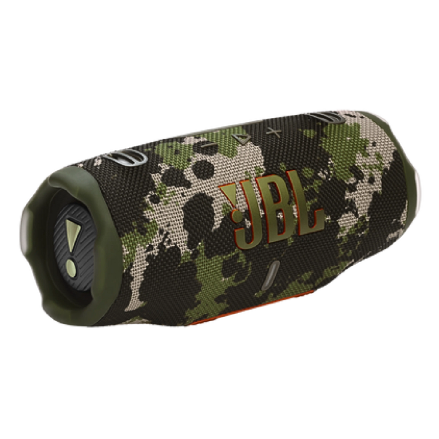 Open-box JBL Charge 6 portable Bluetooth speaker in squad color, showing its rugged design and control buttons.