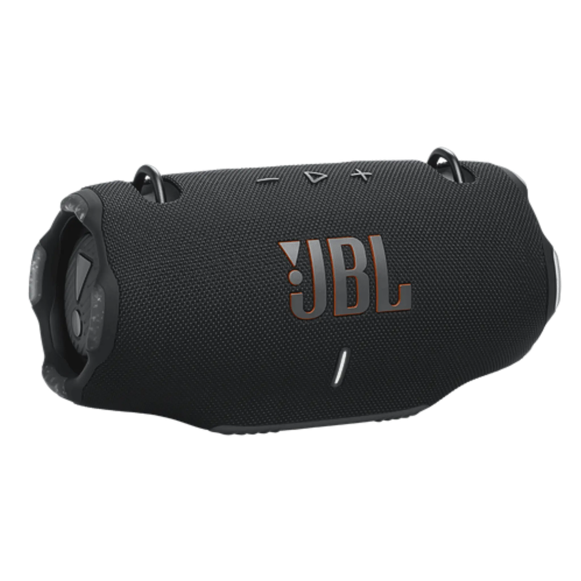 Black JBL Xtreme 4 portable Bluetooth speaker on a plain background, showcasing its rugged design and compact size.