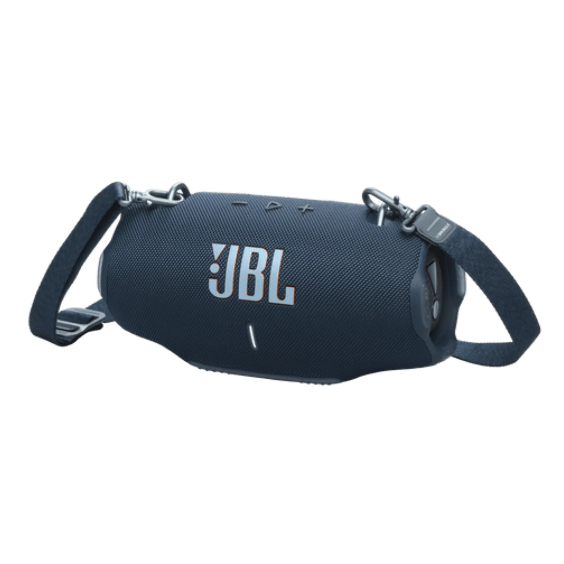 JBL Xtreme 4 portable Bluetooth speaker in blue, open box, showing rugged design and control buttons on top.