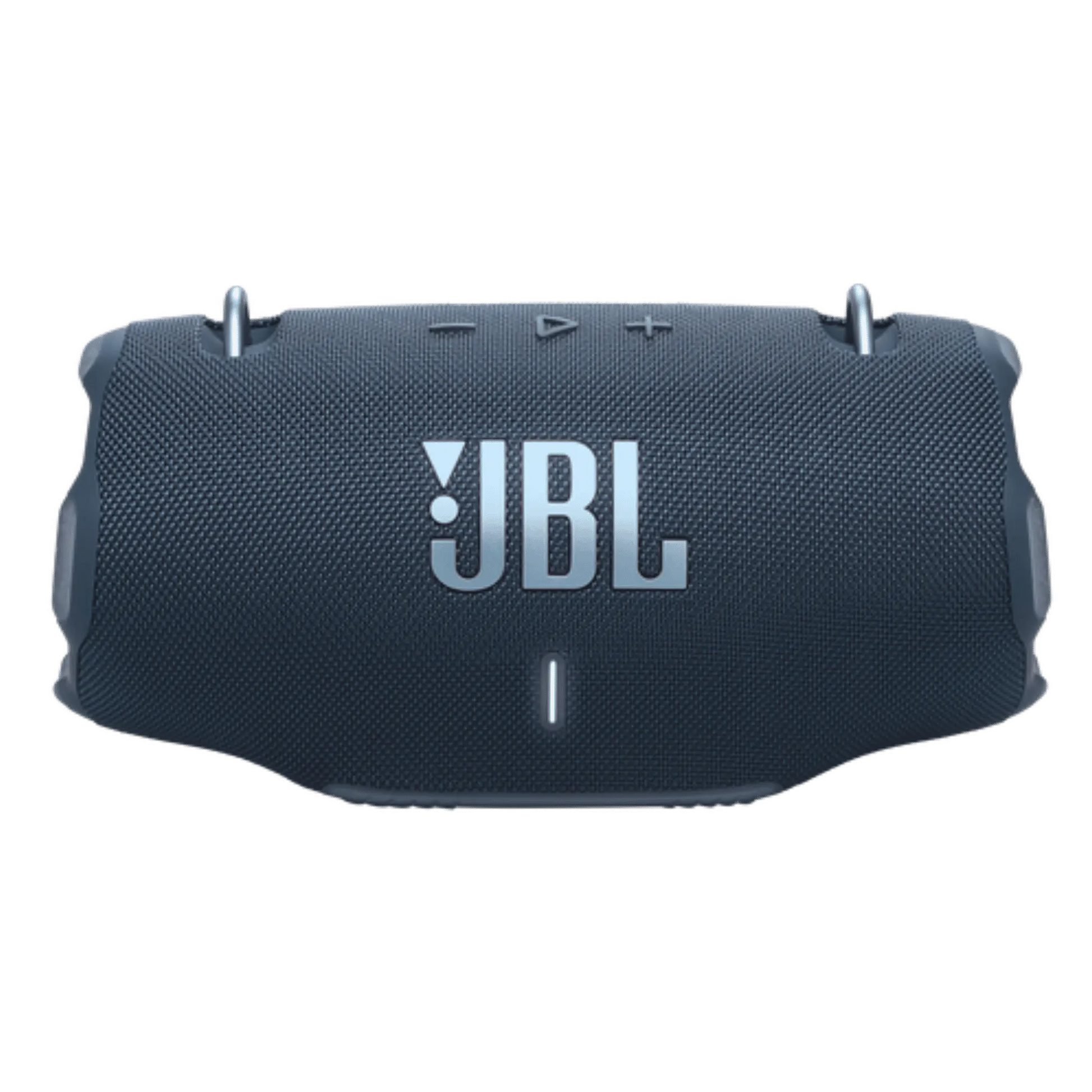 JBL Xtreme 4 portable Bluetooth speaker in blue, open box, showcasing rugged design and control buttons on top.