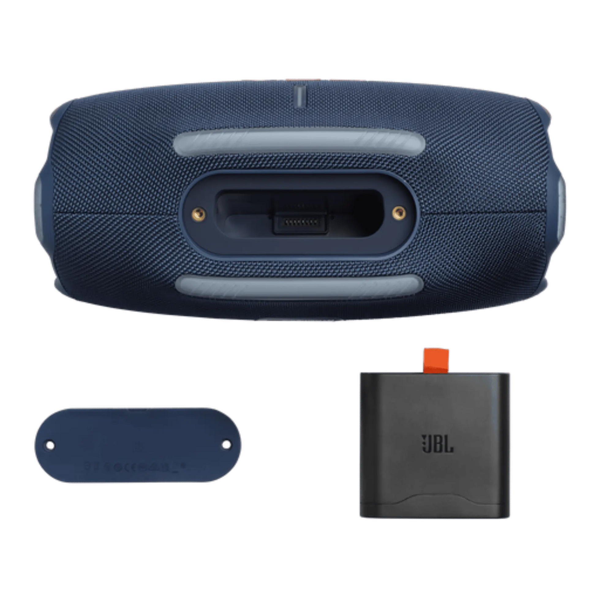Open-box JBL Xtreme 4 portable Bluetooth speaker in blue, showcasing its rugged design and controls.